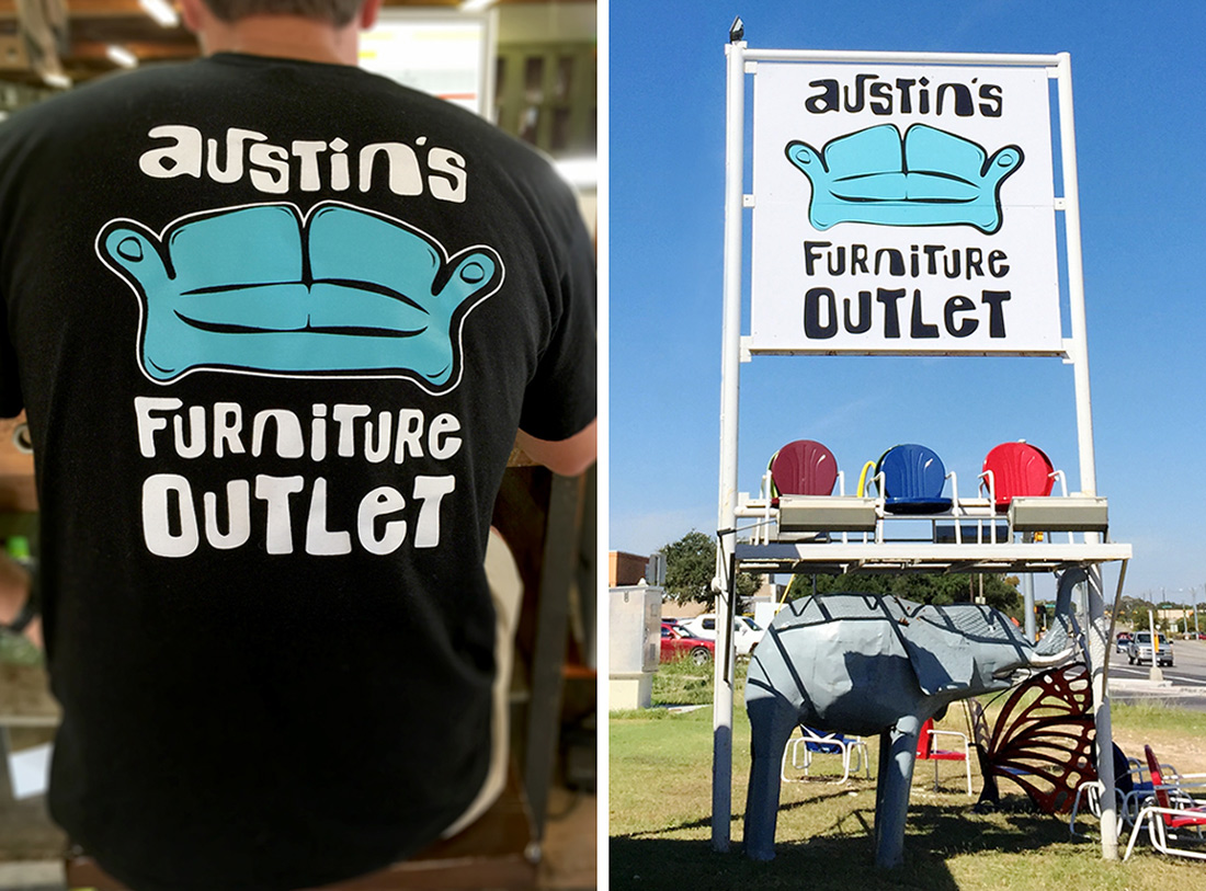 Austin's Furniture Outlet shirt and signage